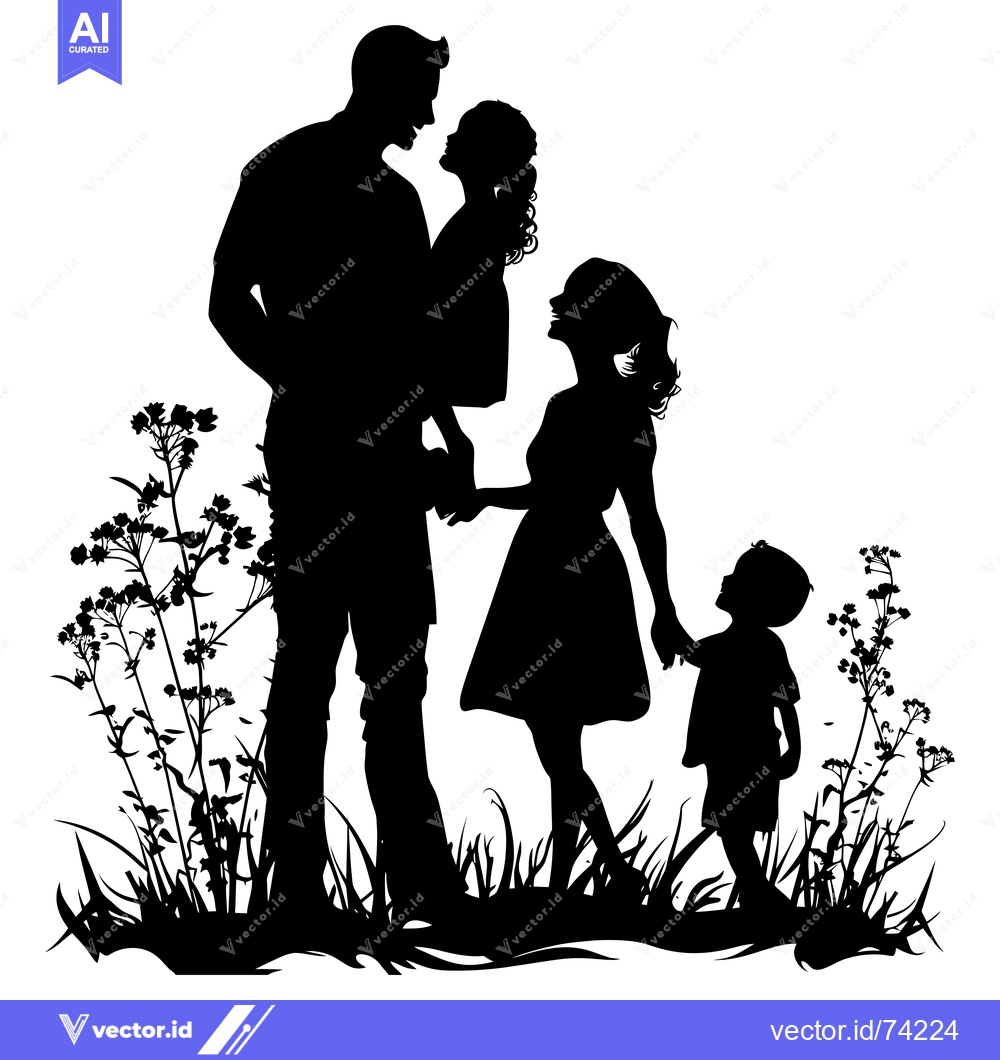Premium Vector dari Silhouette of a Happy Family with Two Children Standing in a Field of
