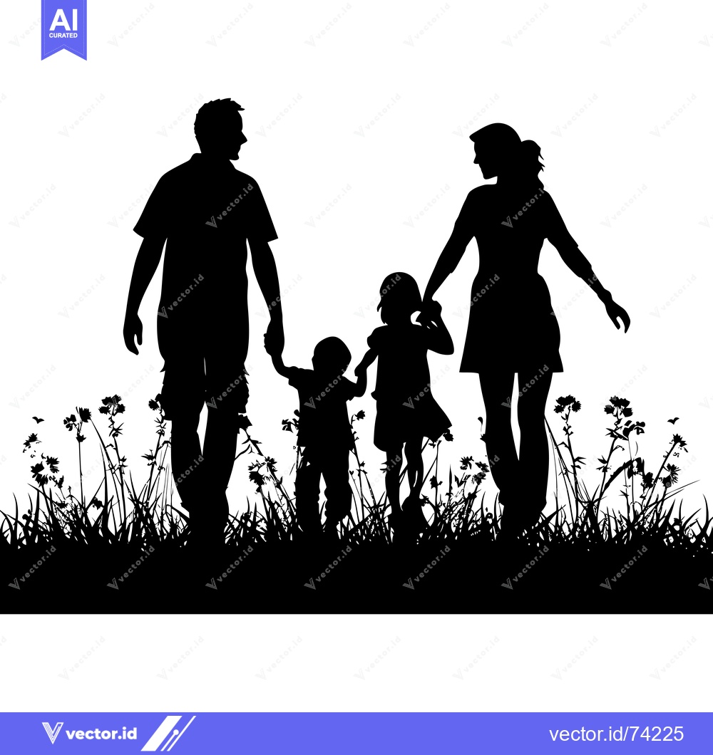 Premium Vector of Silhouette of a Family of Four Walking Through Tall Grass
