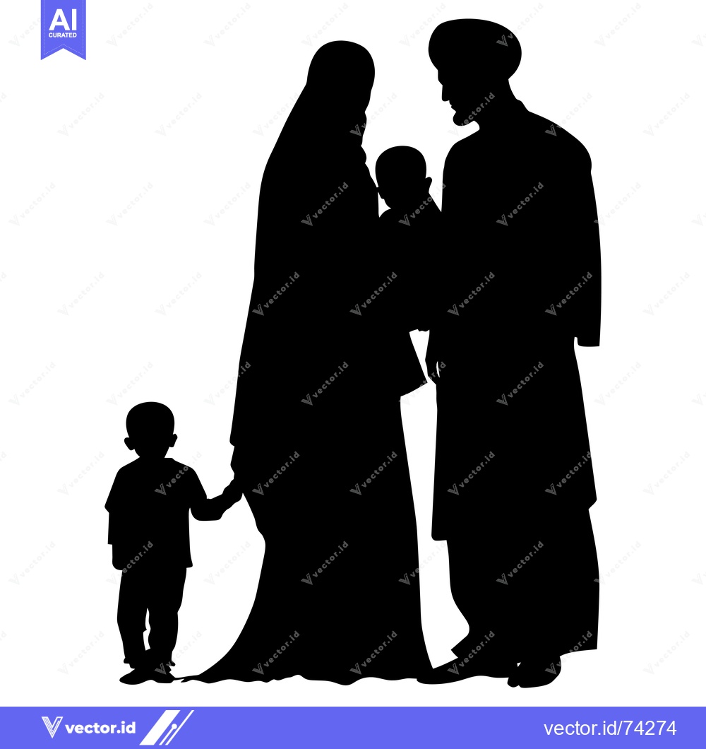 Premium Vector dari Black Silhouette of Muslim Family with Two Children