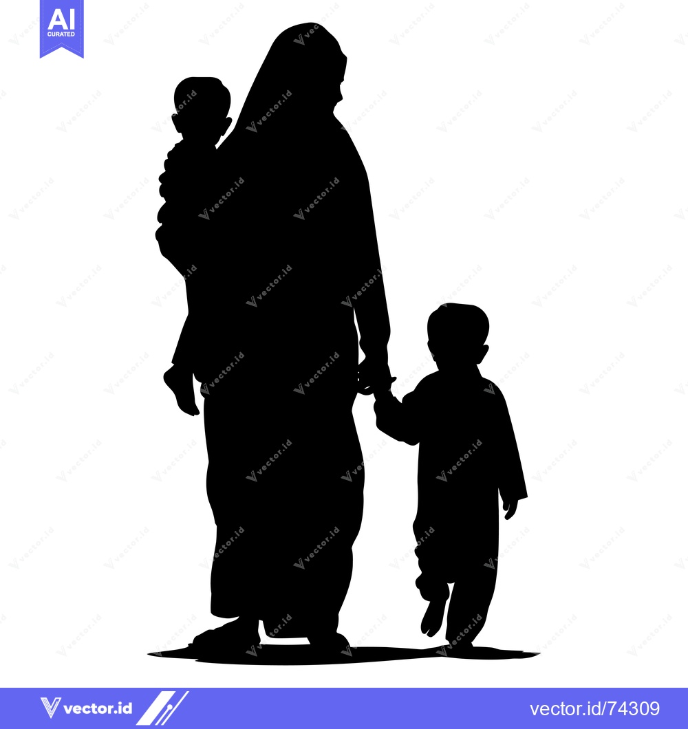 Premium Vector dari Silhouette of a mother holding a baby and leading a child by the hand