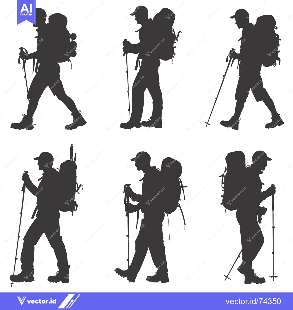 Premium Vector dari Six Silhouettes of Hikers with Backpacks and Trekking Poles