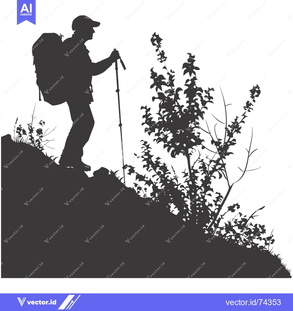 Premium Vector of Silhouette of a Hiker with Backpack and Trekking Pole Ascending a Hill