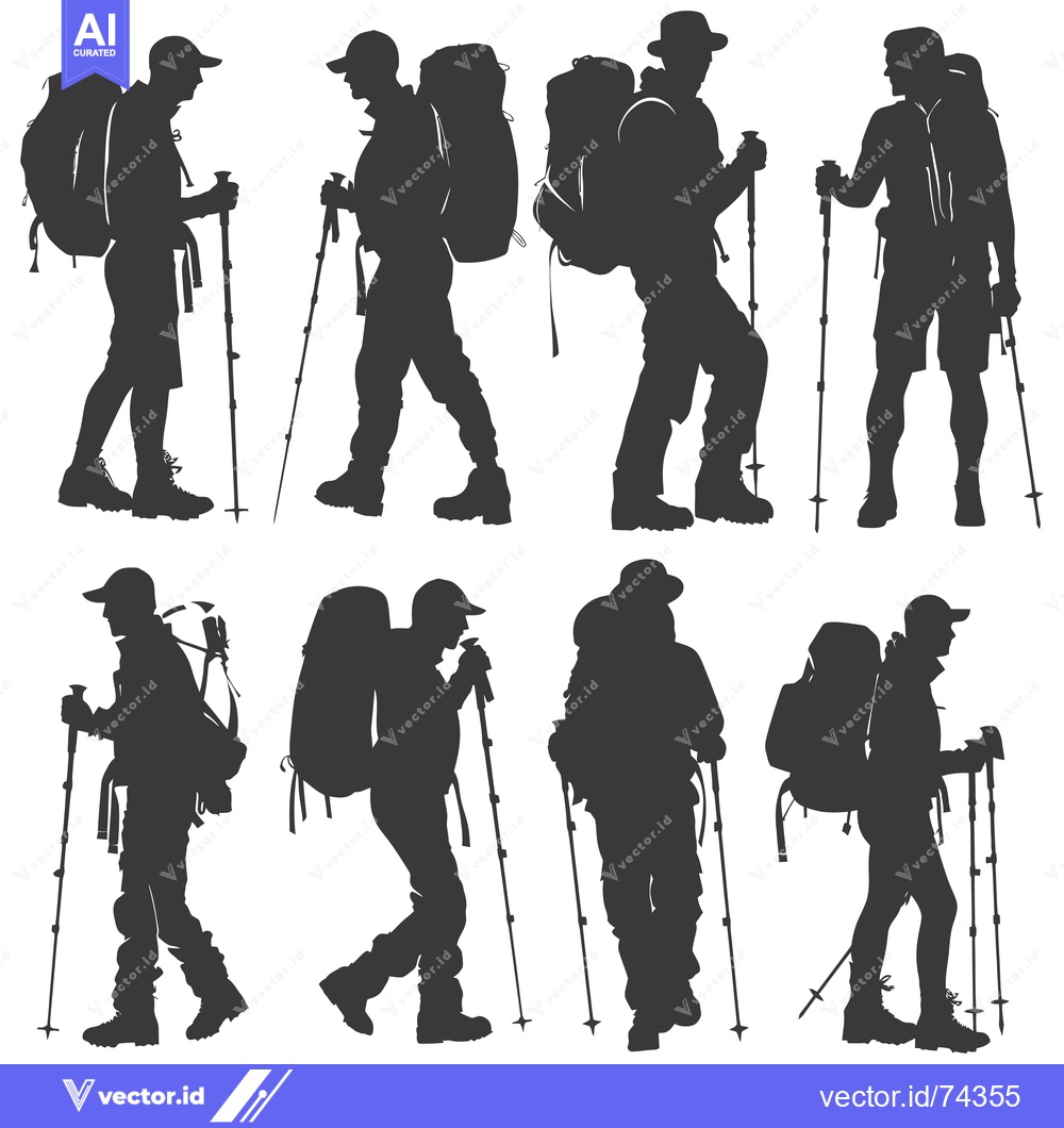 Premium Vector of Silhouettes of Six Hikers with Backpacks and Trekking Poles