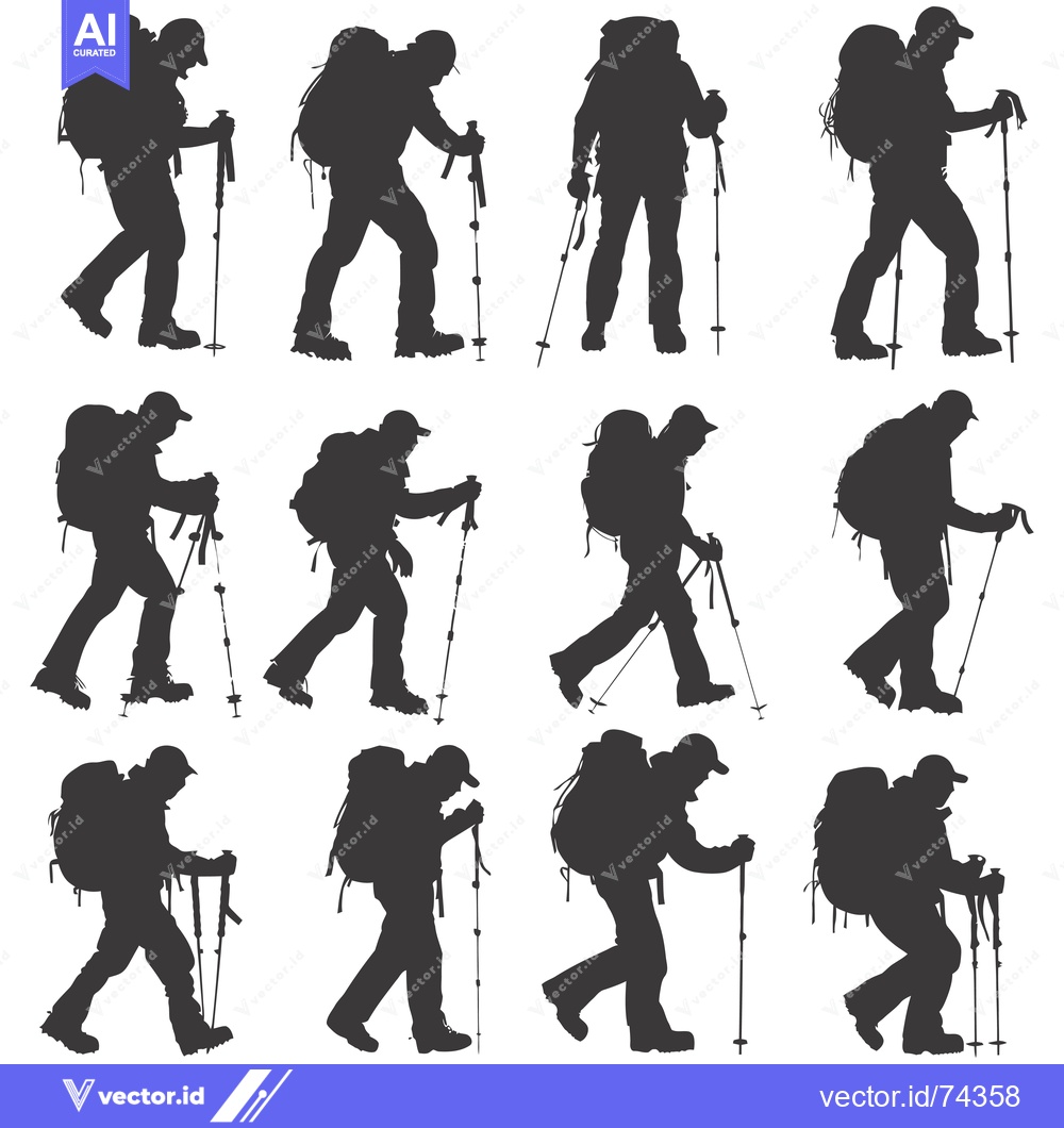 Premium Vector dari Silhouettes of Hikers with Backpacks and Trekking Poles
