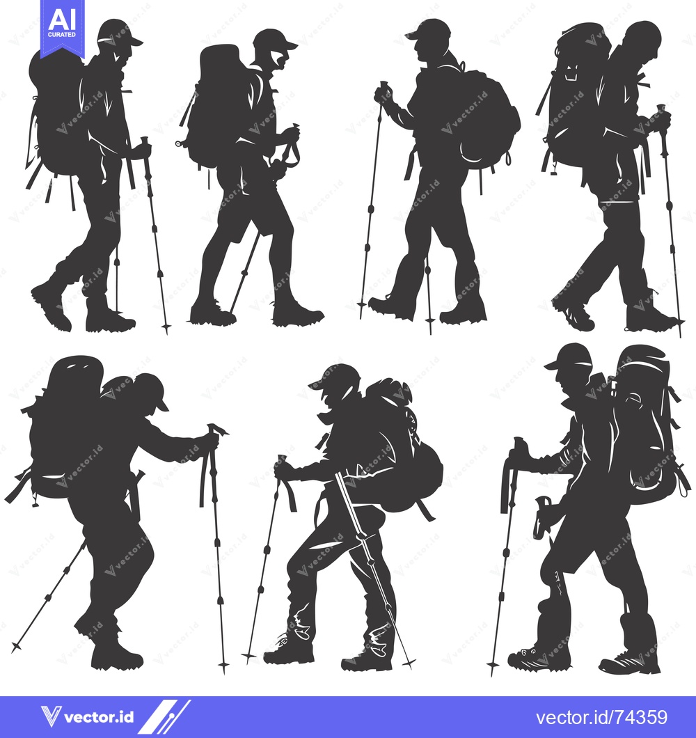 Premium Vector of Silhouettes of Six Hikers with Backpacks and Trekking Poles