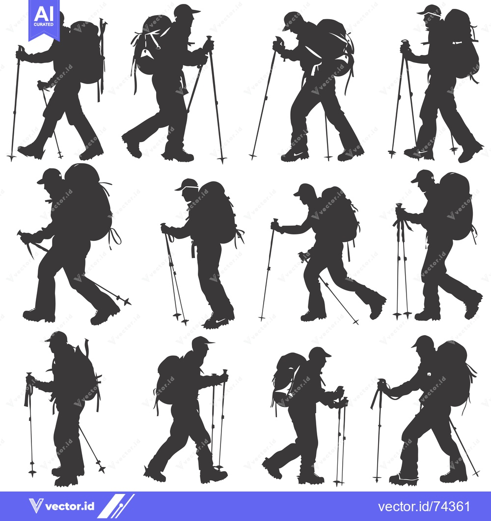 Premium Vector dari Twelve Silhouettes of Hikers with Backpacks and Trekking Poles