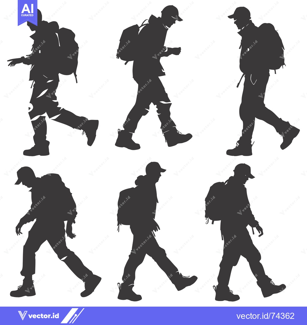 Premium Vector dari Six Silhouettes of Hikers Walking With Backpacks