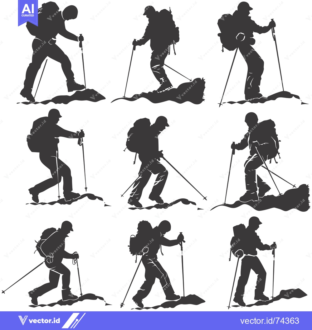 Premium Vector dari Nine Silhouettes of Hikers with Backpacks and Trekking Poles
