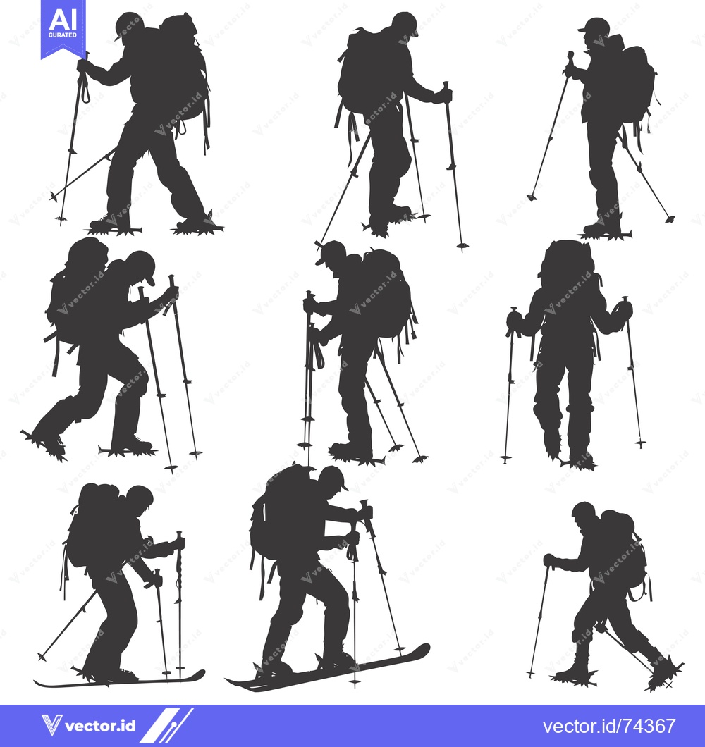 Premium Vector of Silhouettes of Backpackers with Trekking Poles and Snowshoes