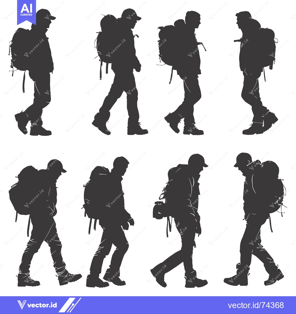 Premium Vector dari Silhouettes of Six Hikers with Backpacks Walking