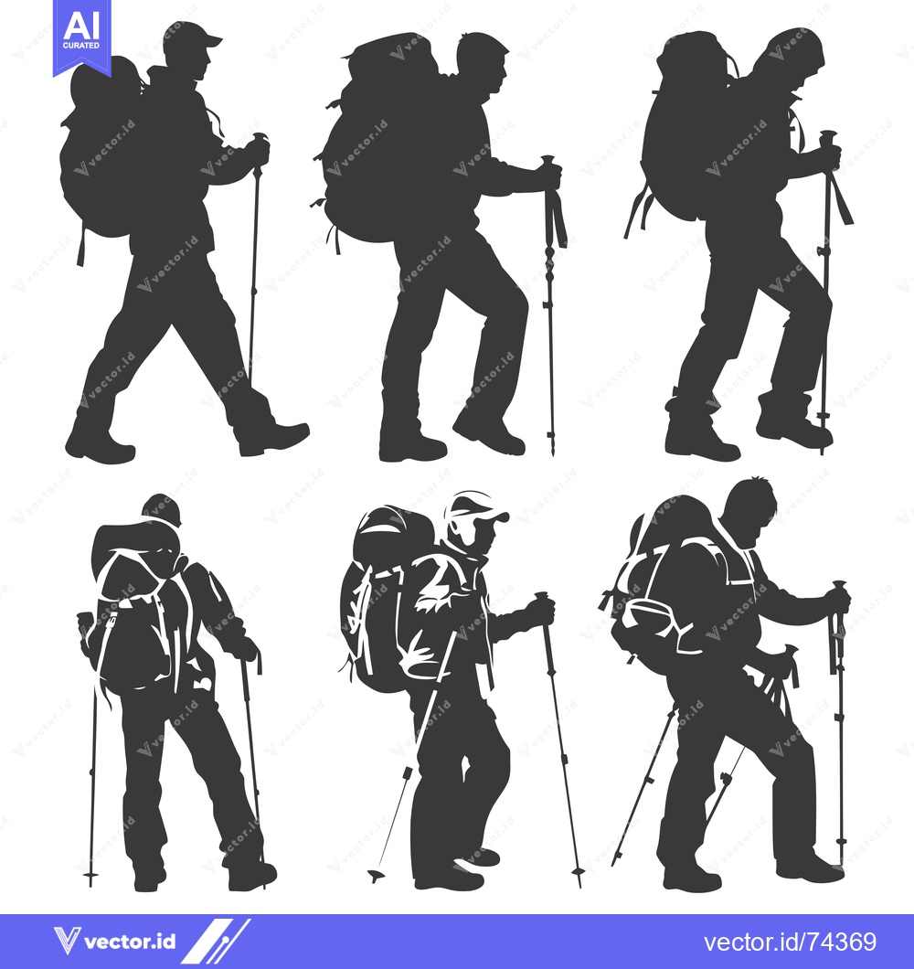 Premium Vector dari Six Silhouettes of Hikers with Backpacks and Trekking Poles