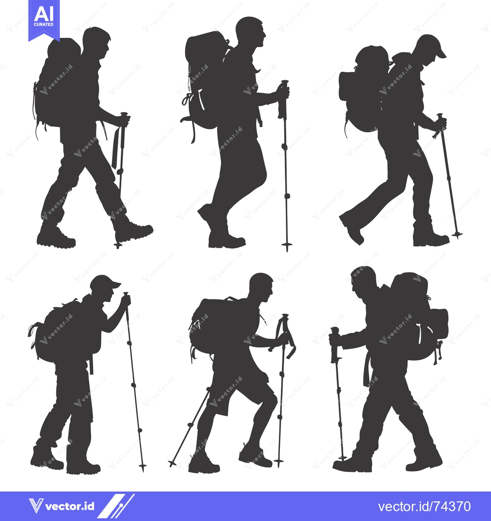 Premium Vector dari Six Silhouettes of Hikers with Backpacks and Trekking Poles