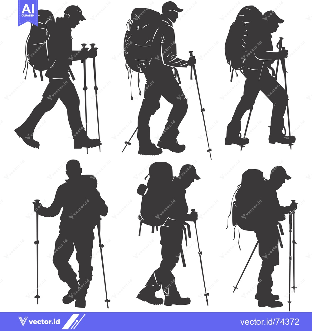 Premium Vector of Silhouettes of Six Hikers with Backpacks and Trekking Poles