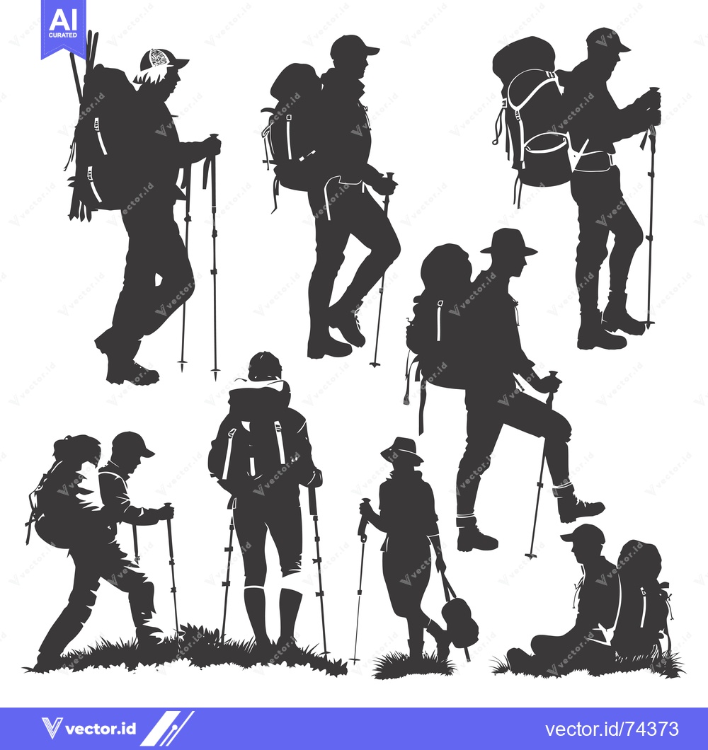 Premium Vector dari Silhouettes of Hikers with Backpacks and Trekking Poles
