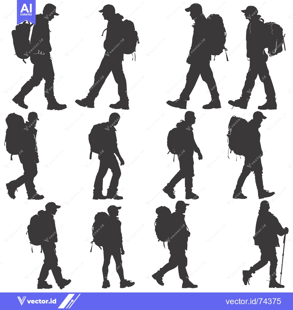 Premium Vector dari Silhouettes of Backpackers Walking in Different Poses