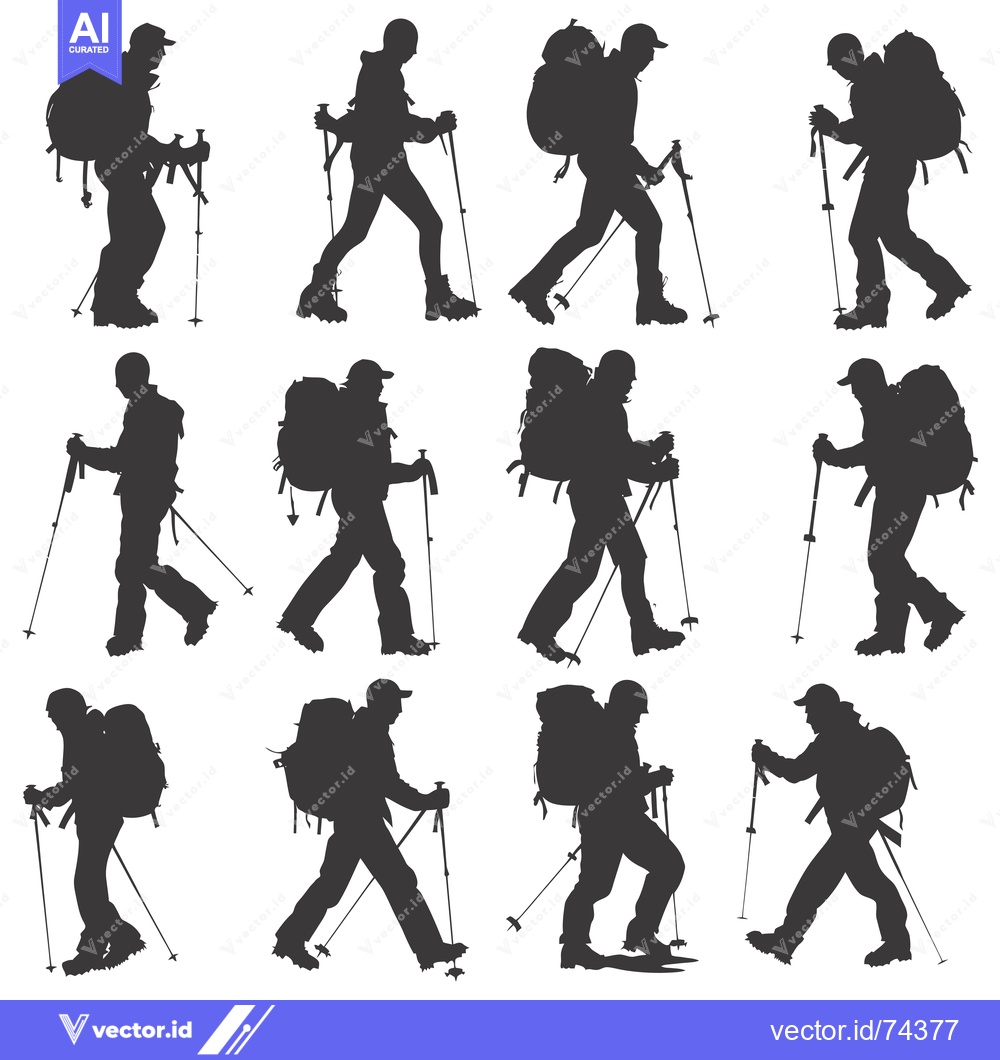 Premium Vector of Silhouette of Twelve Hikers with Backpacks and Trekking Poles