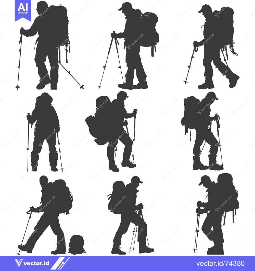 Premium Vector of Nine Silhouettes of Hikers with Backpacks and Trekking Poles