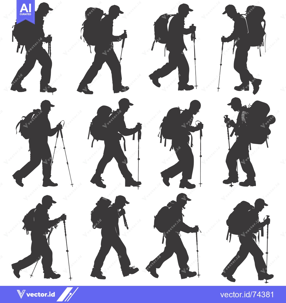 Premium Vector dari Silhouettes of Backpackers Hiking with Trekking Poles
