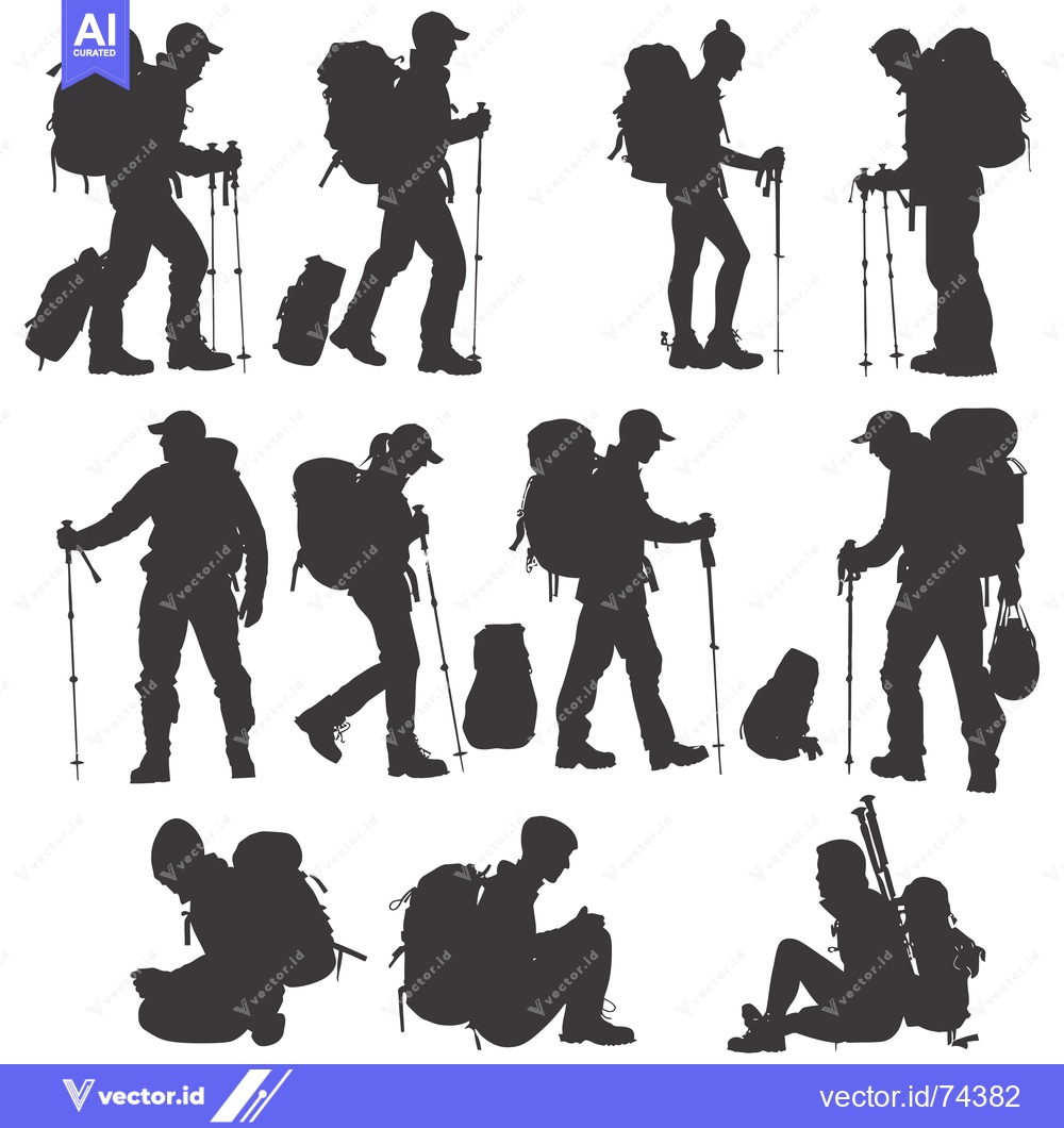 Premium Vector dari Silhouettes of Hikers with Backpacks and Trekking Poles