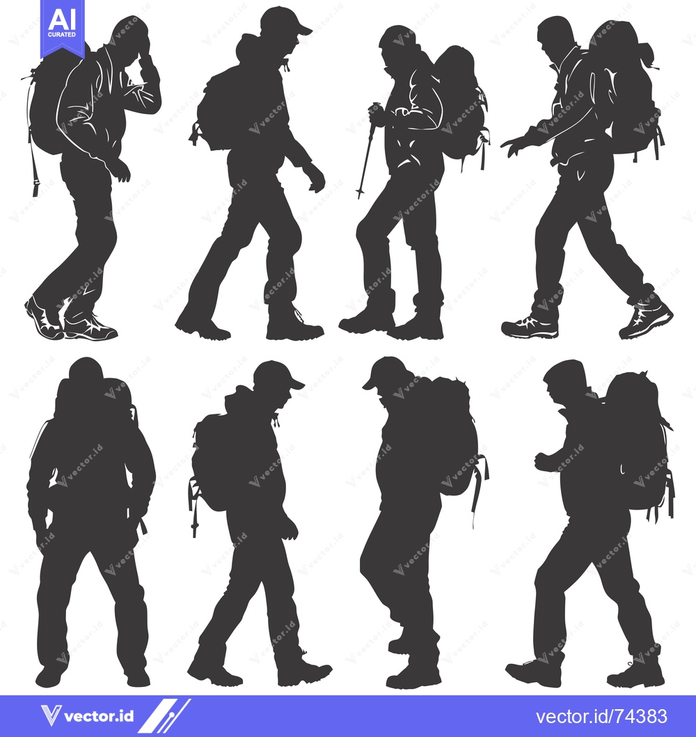 Premium Vector of Eight Silhouettes of Hikers with Backpacks