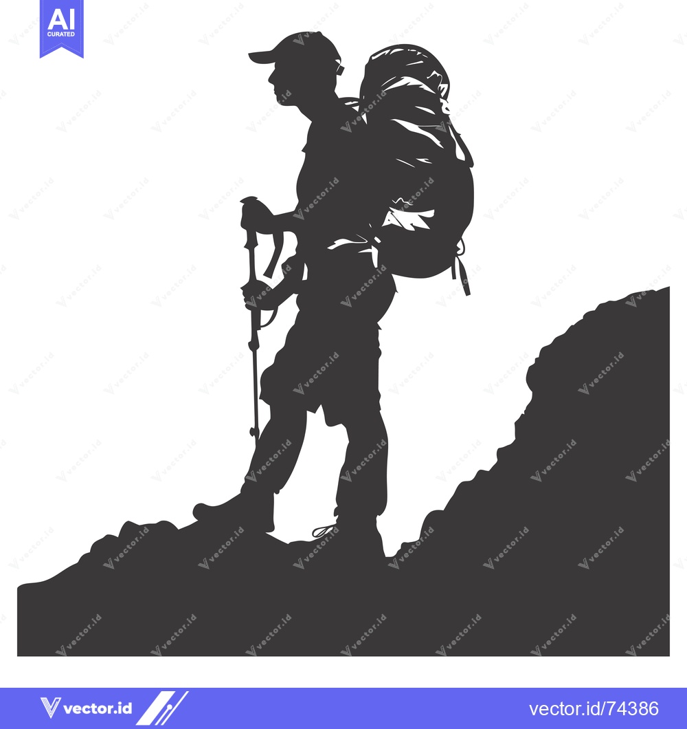 Premium Vector dari Silhouette of a Hiker with Backpack and Hiking Stick on a Mountain