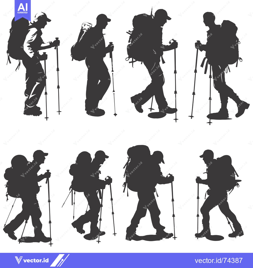 Premium Vector of Six Silhouettes of Hikers with Backpacks and Trekking Poles