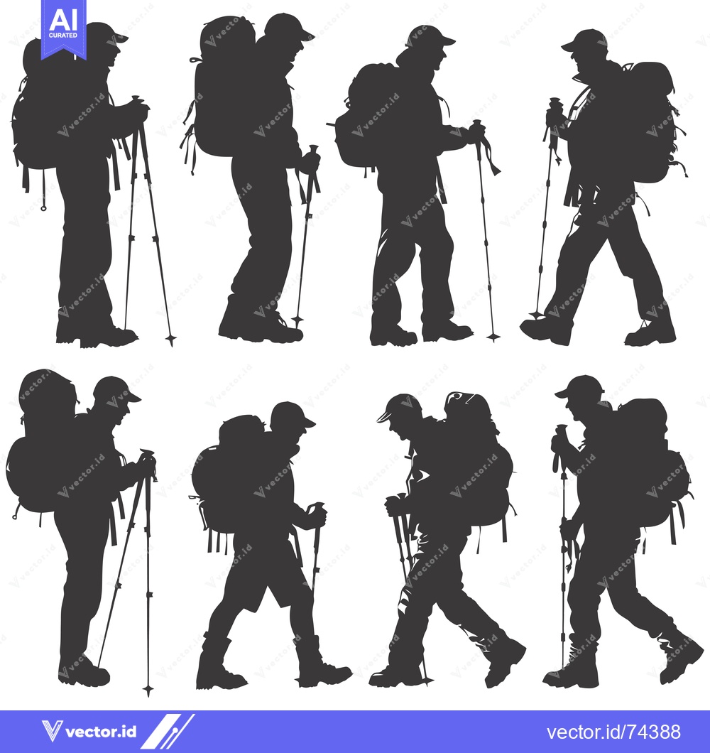 Premium Vector of Eight Silhouettes of Hikers With Backpacks and Hiking Poles