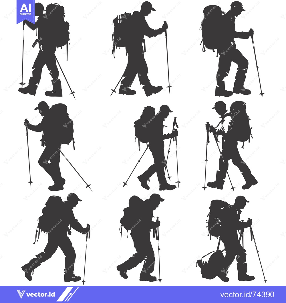 Premium Vector dari Nine Silhouettes of Hikers with Backpacks and Trekking Poles