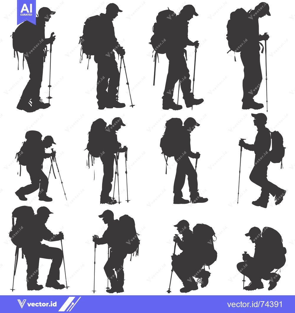 Premium Vector dari Silhouettes of Hikers with Backpacks and Trekking Poles