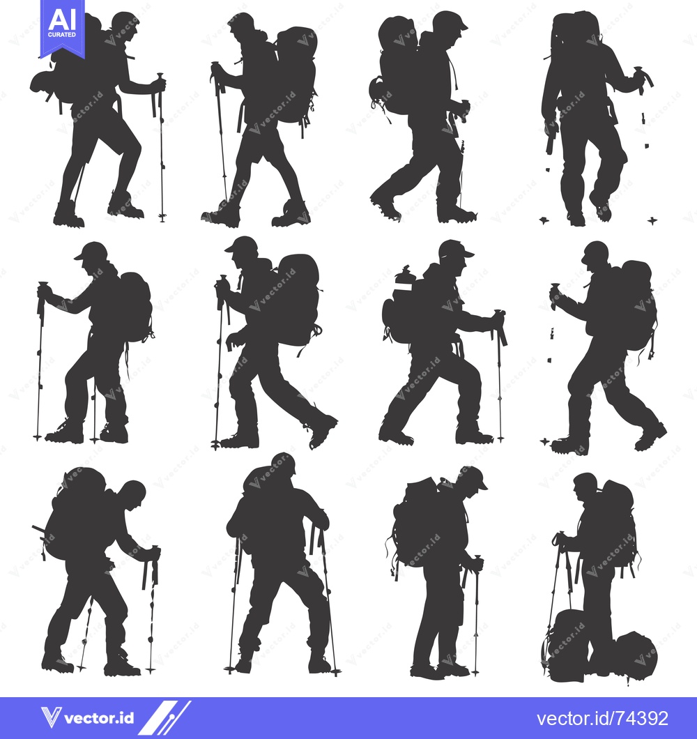 Premium Vector dari Silhouettes of Backpackers Hiking with Trekking Poles