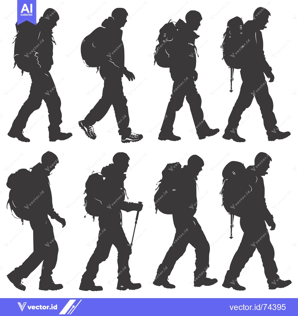 Premium Vector dari Silhouettes of Eight Hikers with Backpacks and Trekking Poles