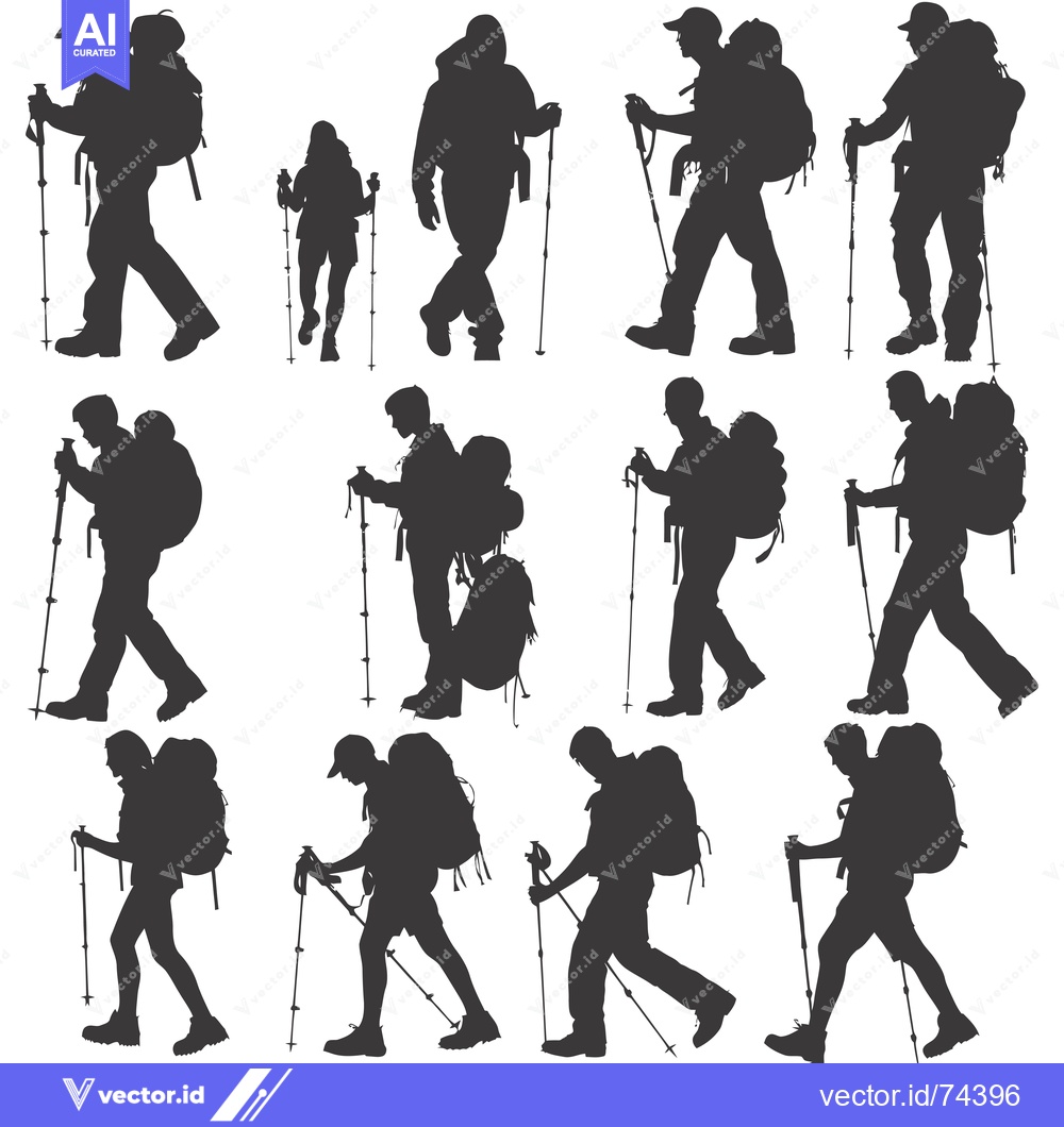 Premium Vector of Silhouettes of Hikers with Backpacks and Hiking Sticks