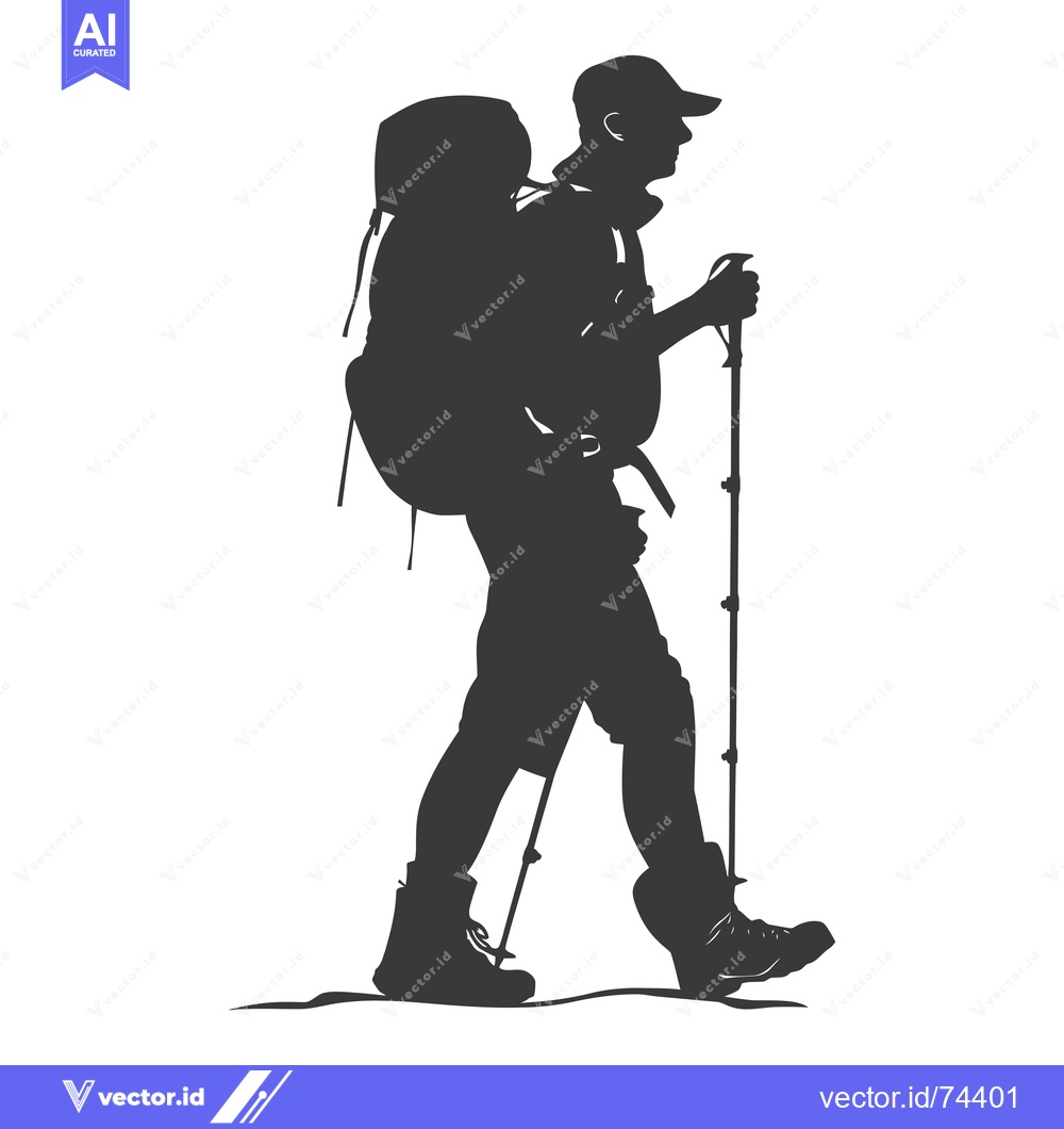 Premium Vector dari Silhouette of a Backpacker Walking with a Hiking Stick