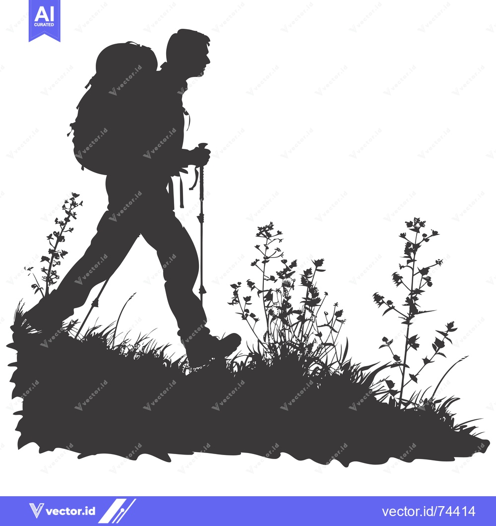 Premium Vector dari Silhouette of a hiker with a backpack and hiking poles walking through