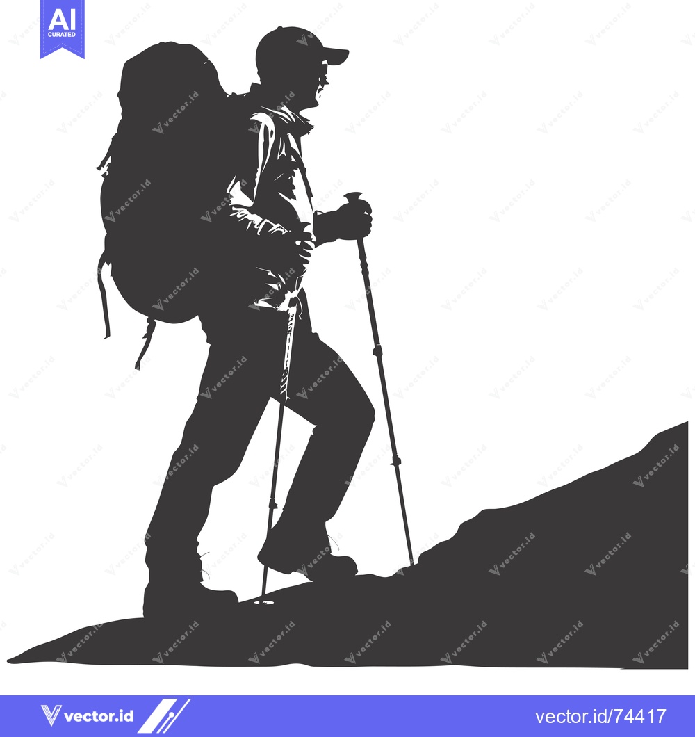 Premium Vector of Silhouette of a hiker with a backpack, walking uphill with trekking po