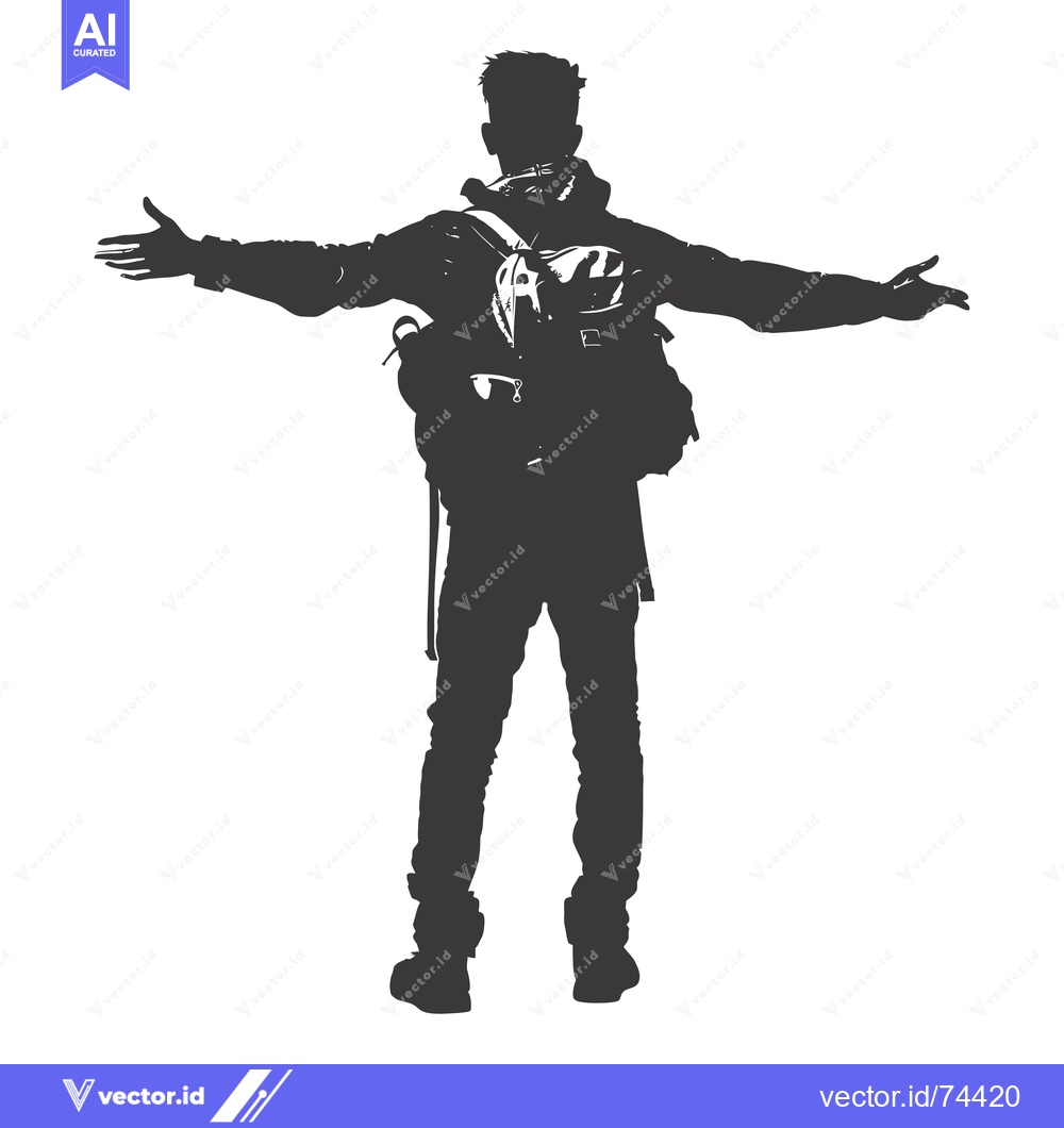 Premium Vector dari Silhouette of a man with a backpack, standing with arms outstretched