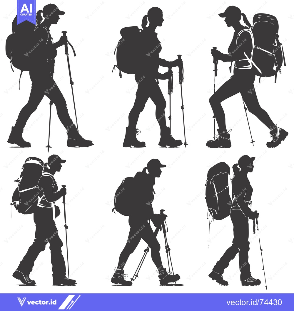 Premium Vector of Silhouettes of Six Female Hikers with Backpacks and Trekking Poles