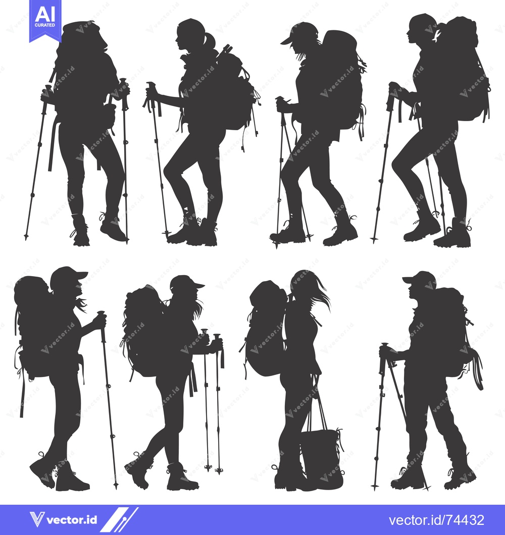 Premium Vector dari Eight Silhouettes of Hikers with Backpacks and Trekking Poles