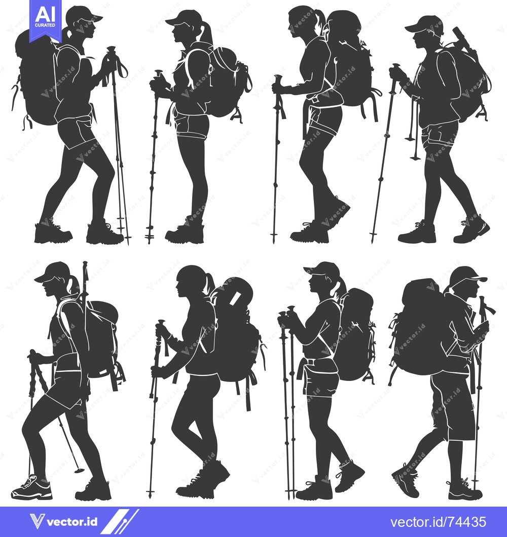 Premium Vector dari Silhouettes of Eight Hikers with Backpacks and Hiking Sticks