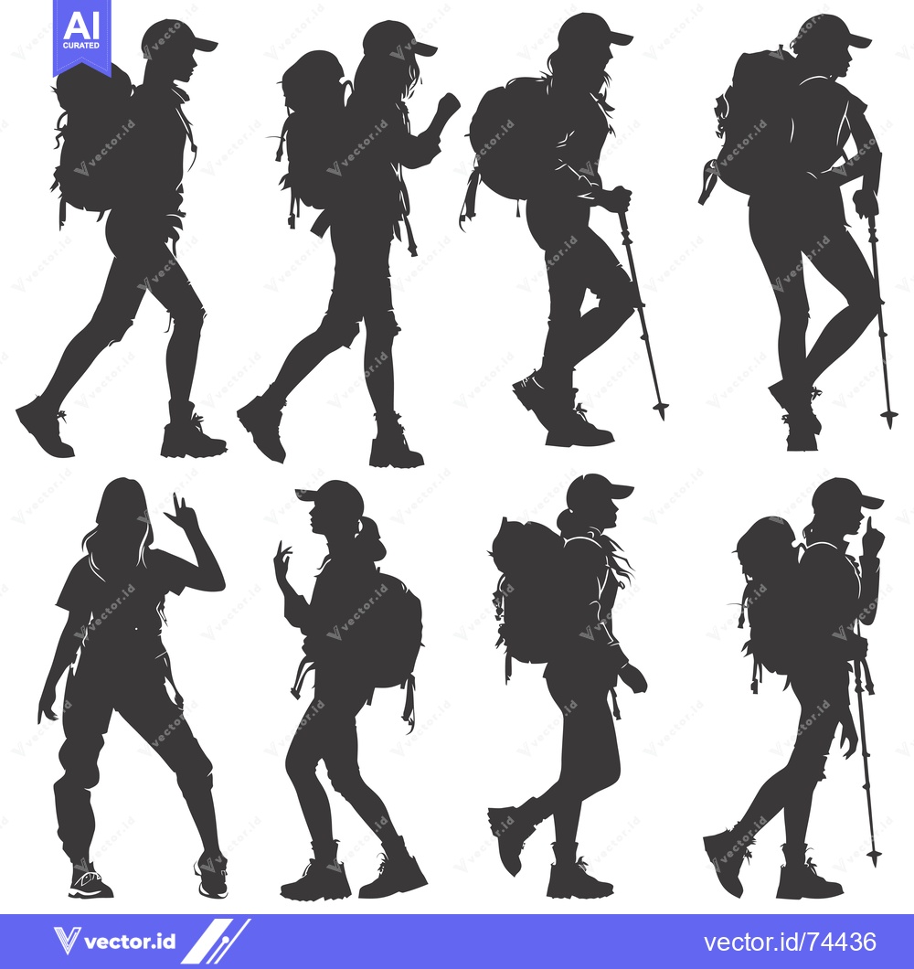 Premium Vector of Silhouettes of Eight Female Hikers With Backpacks