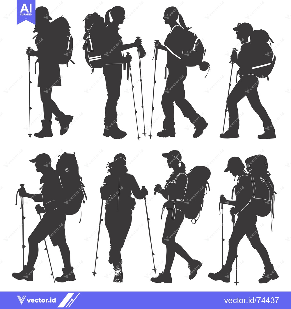 Premium Vector dari Silhouettes of Seven Hikers with Backpacks and Trekking Poles