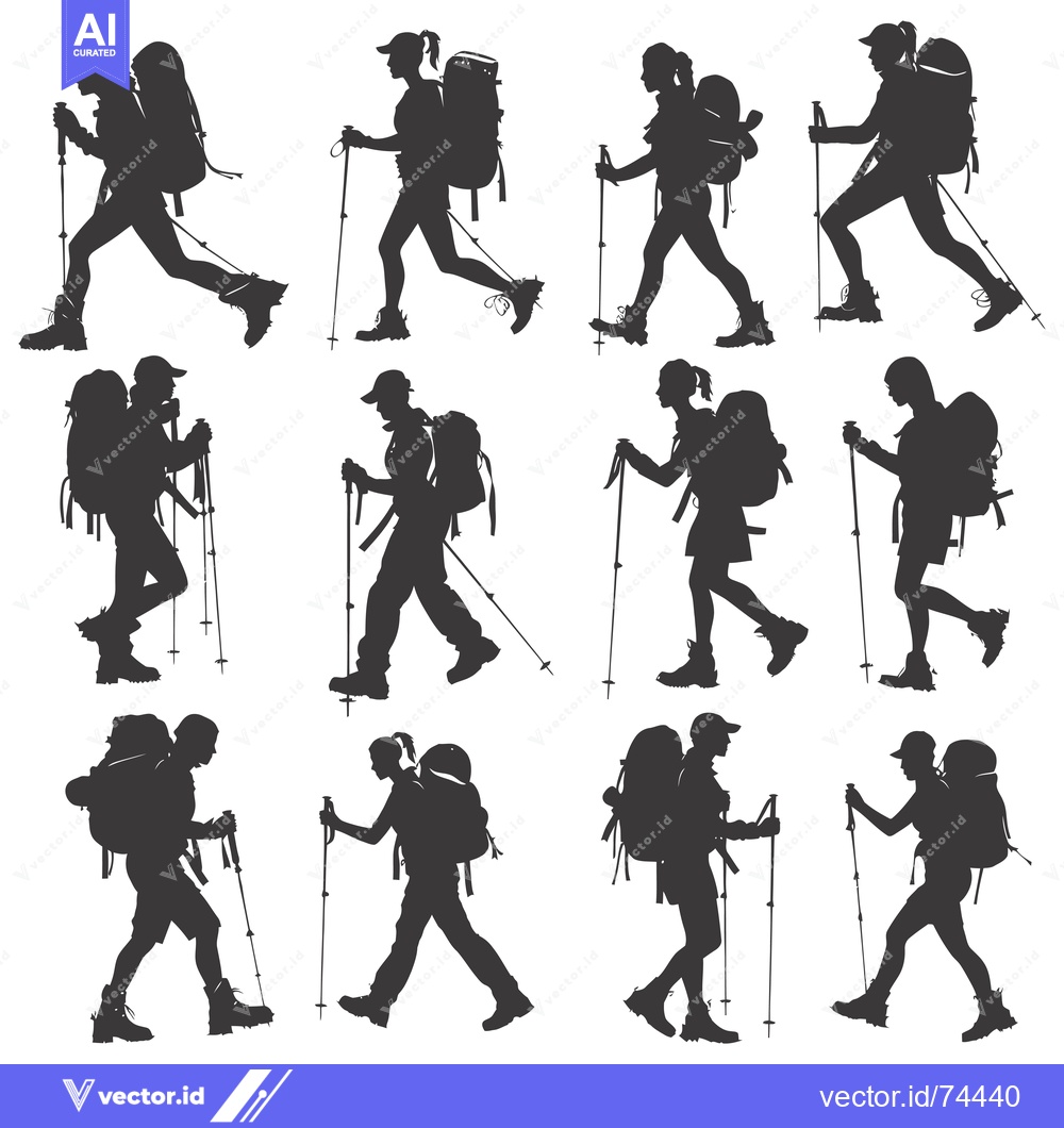 Premium Vector dari Silhouettes of Backpackers Hiking with Trekking Poles