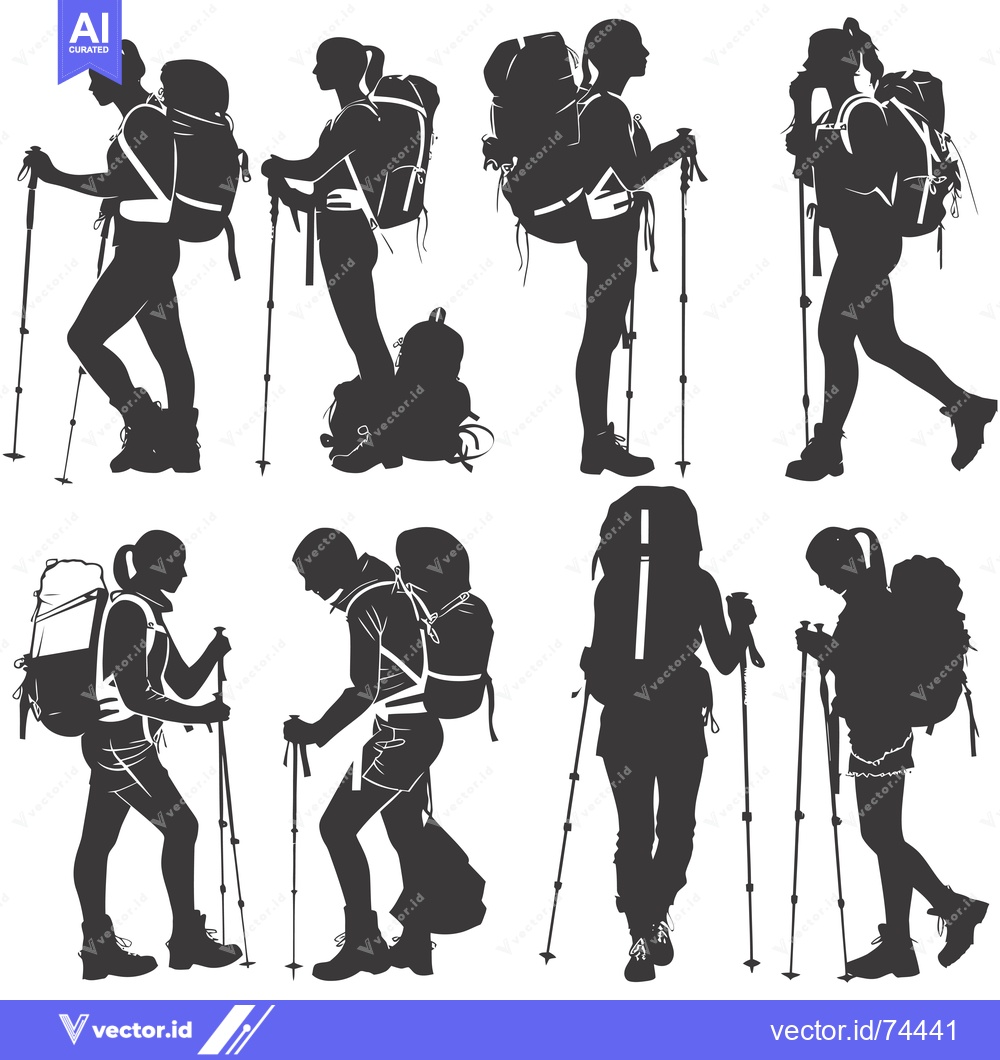 Premium Vector of Six Silhouettes of Hikers with Backpacks and Trekking Poles