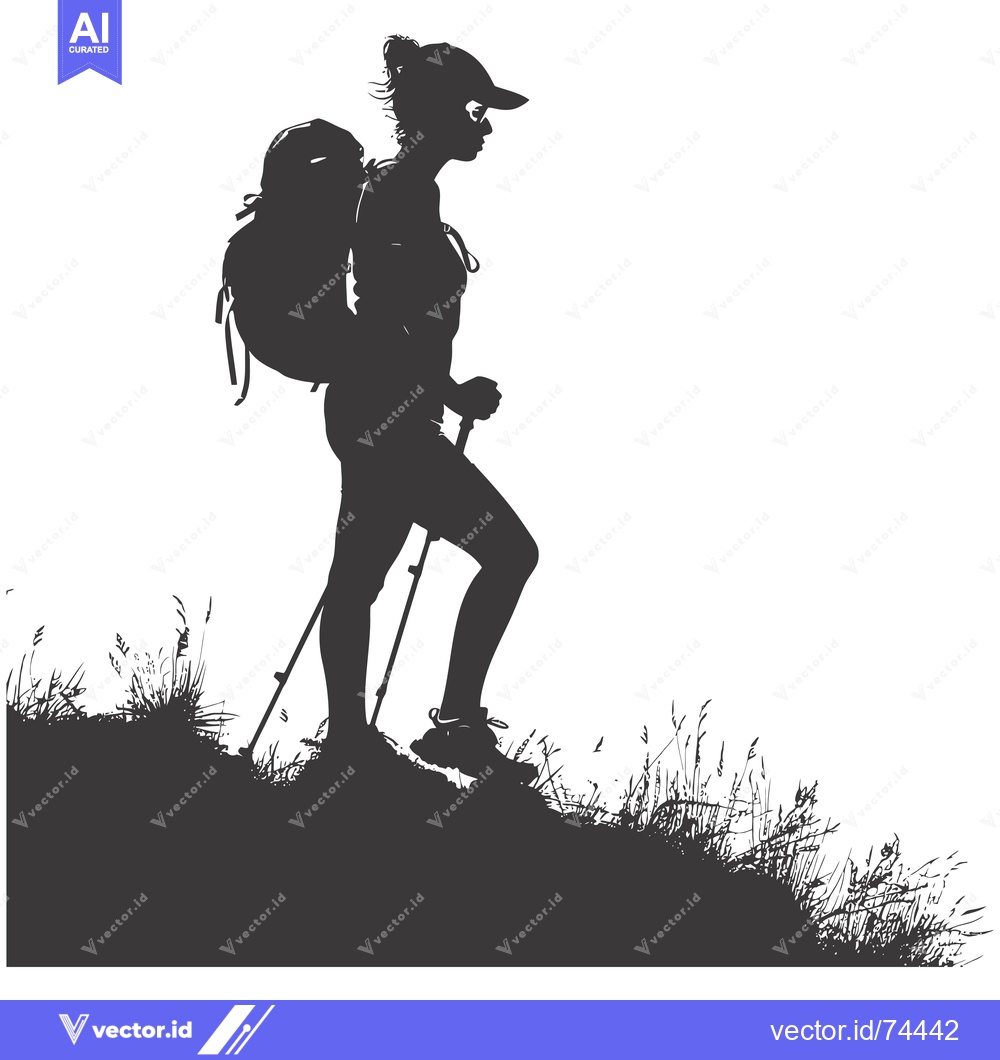 Premium Vector dari Silhouette of a Female Hiker with Backpack and Walking Stick