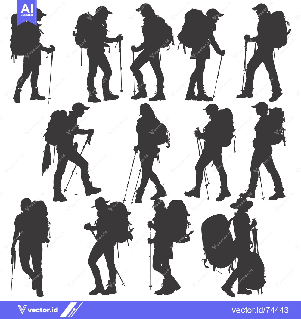 Premium Vector dari Silhouettes of Hikers with Backpacks and Trekking Poles