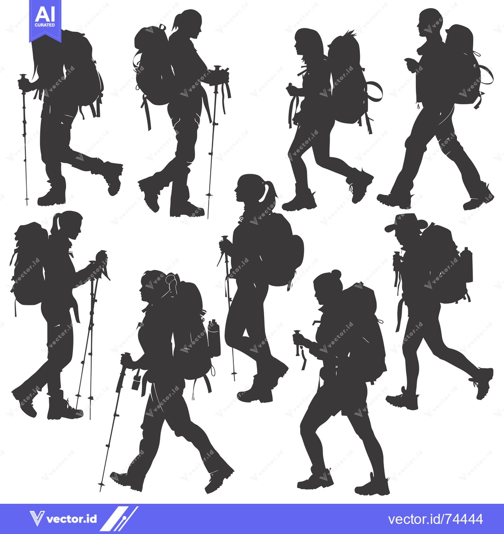 Premium Vector of Silhouettes of Eight Hikers with Backpacks and Trekking Poles