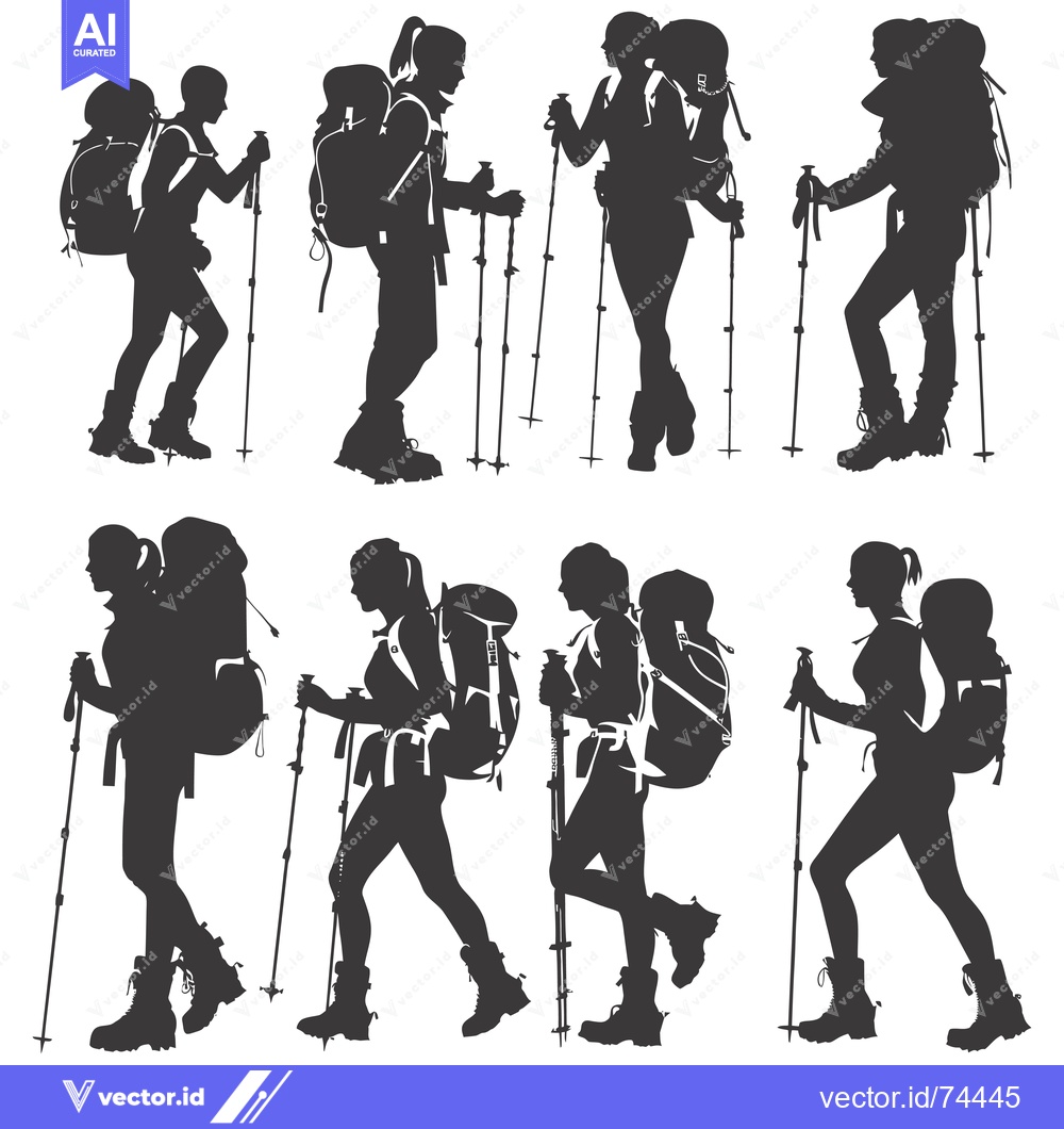 Premium Vector of Silhouettes of Eight Hikers with Backpacks and Trekking Poles