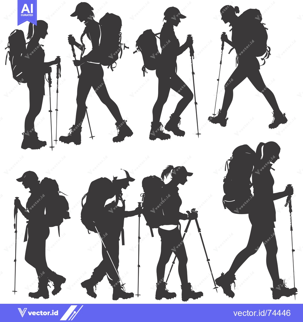 Premium Vector of Silhouettes of Hikers with Backpacks and Trekking Poles