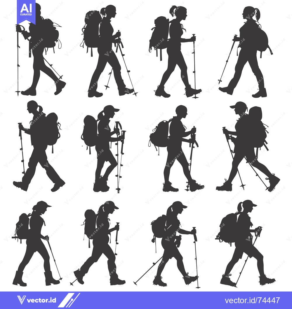 Premium Vector dari Silhouettes of Hikers with Backpacks and Trekking Poles