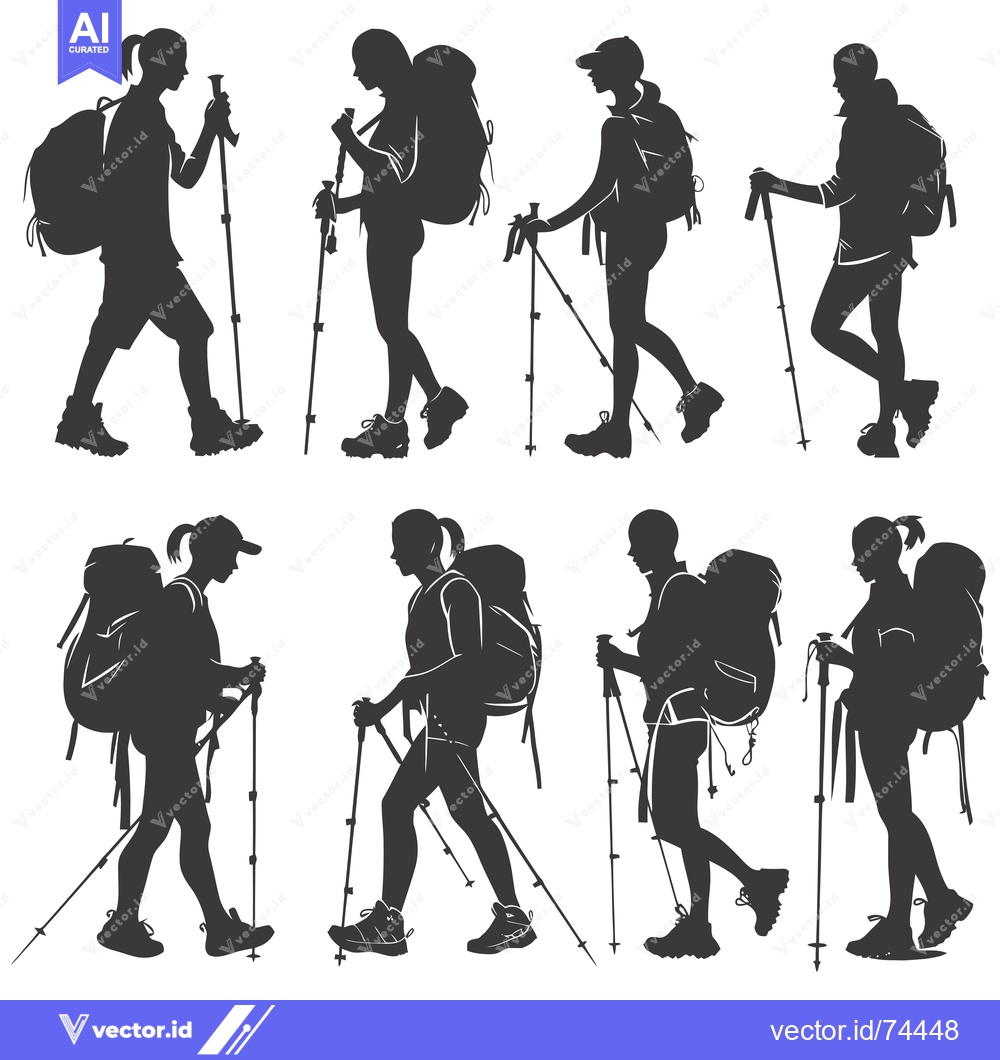 Premium Vector dari Eight Silhouettes of Hikers with Backpacks and Trekking Poles